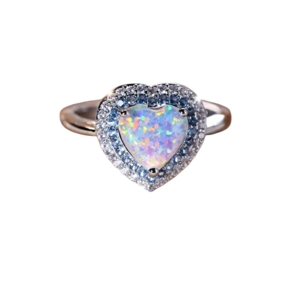 Rainbow White Fire Opal Ring For Women Silver Color Metal Big Heart Blue Zircon,